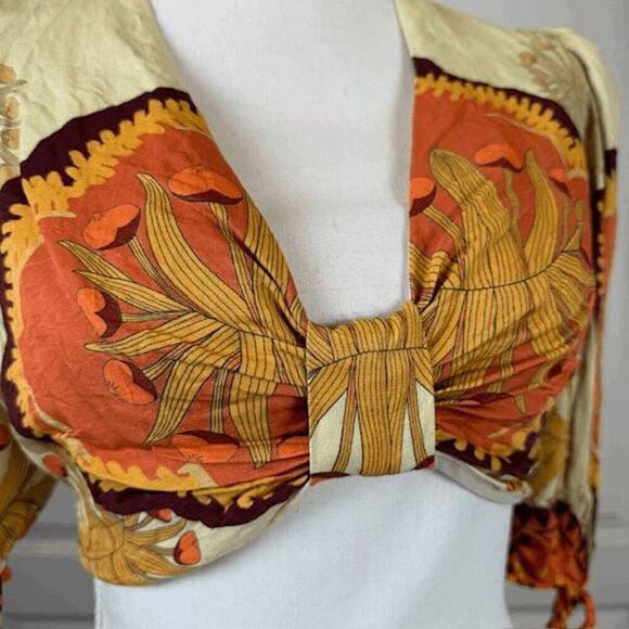 Nocturne Linen Blend Boho Crop Top Tie Puff Sleeves Gold Brown Orange Medium - Picture 3 of 15